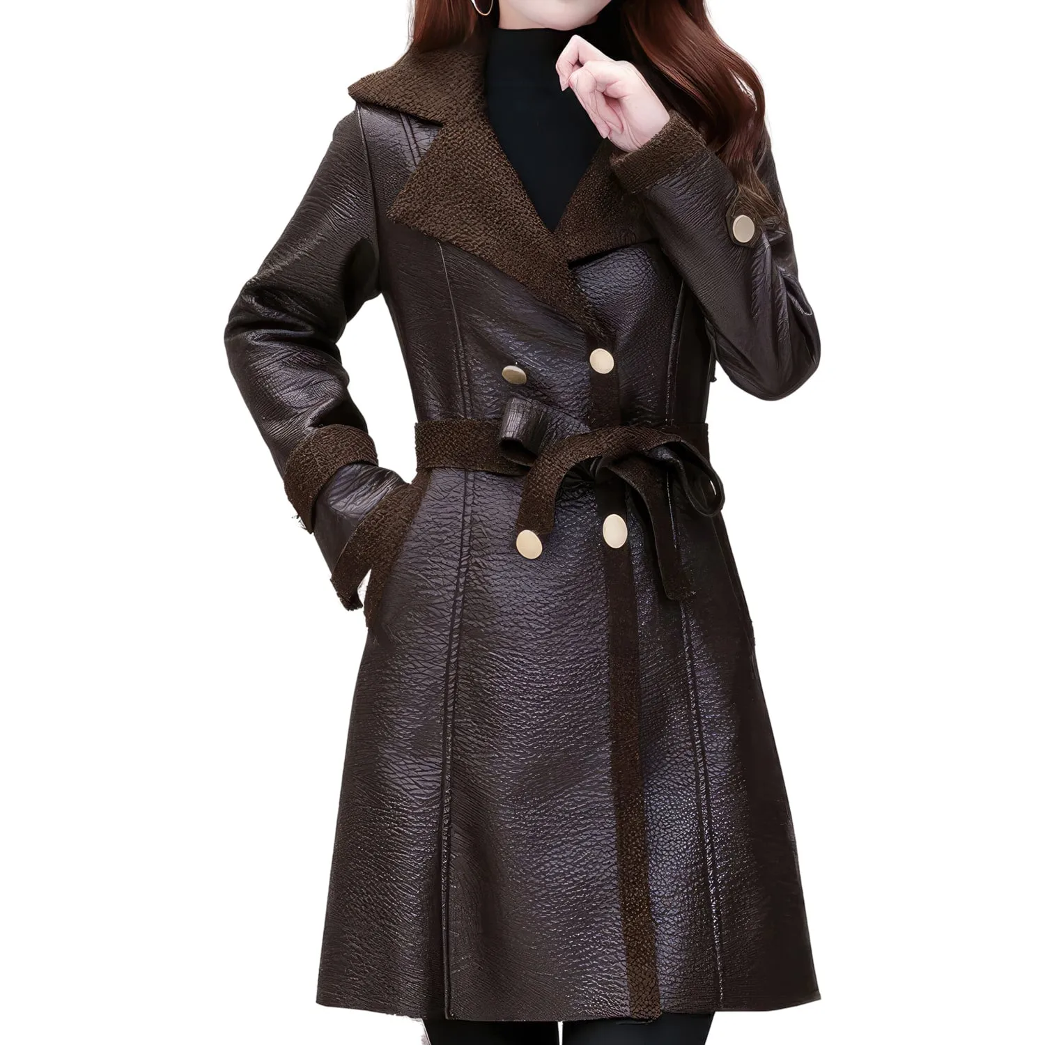 Women's Genuine Sheepskin Sherpa Shearling Faux Fur Lined Korean Style Belted Leather Coat - Wine Red, Mid-Length, Slim Fit, Elegant