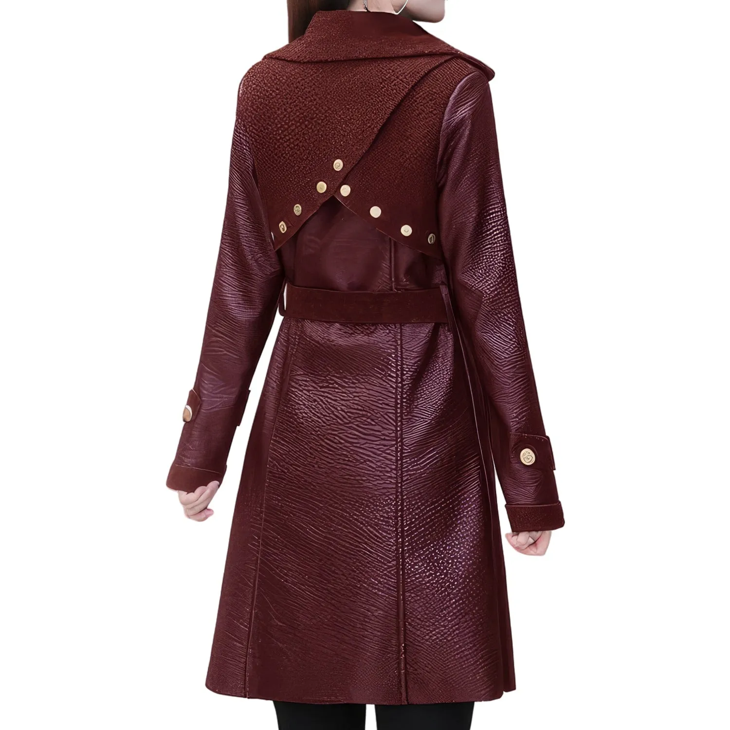 Women's Genuine Sheepskin Sherpa Shearling Faux Fur Lined Korean Style Belted Leather Coat - Wine Red, Mid-Length, Slim Fit, Elegant