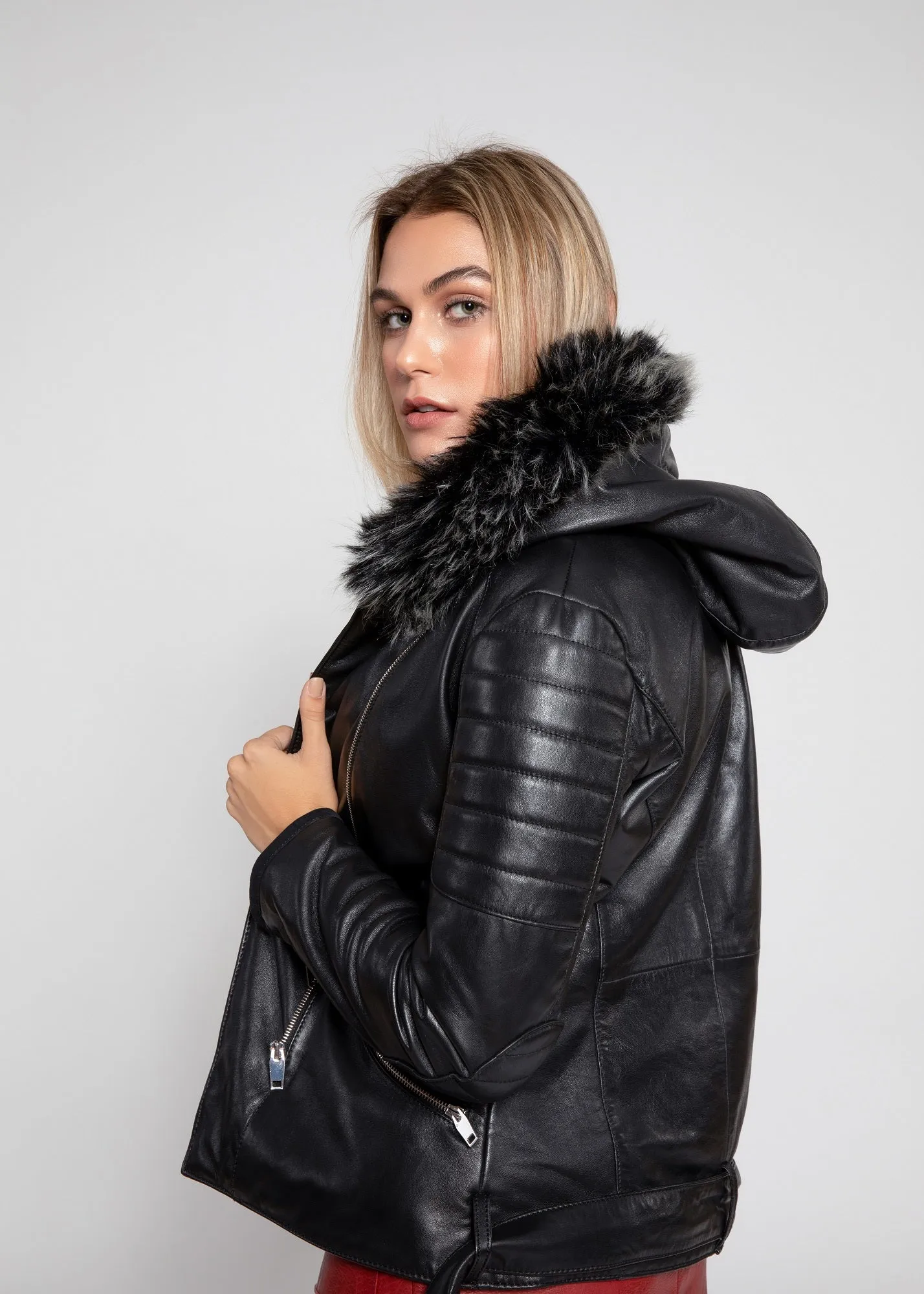 Women's Poseidon Leather Jacket with Fur Hoodie