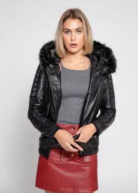 Women's Poseidon Leather Jacket with Fur Hoodie